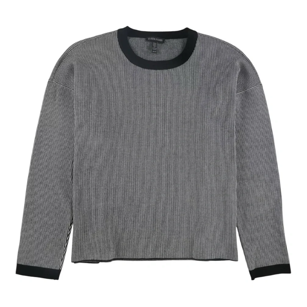 Eileen Fisher Black & White Mens Ringer Crew Neck Oversized Sweater Women Medium - Picture 4 of 10